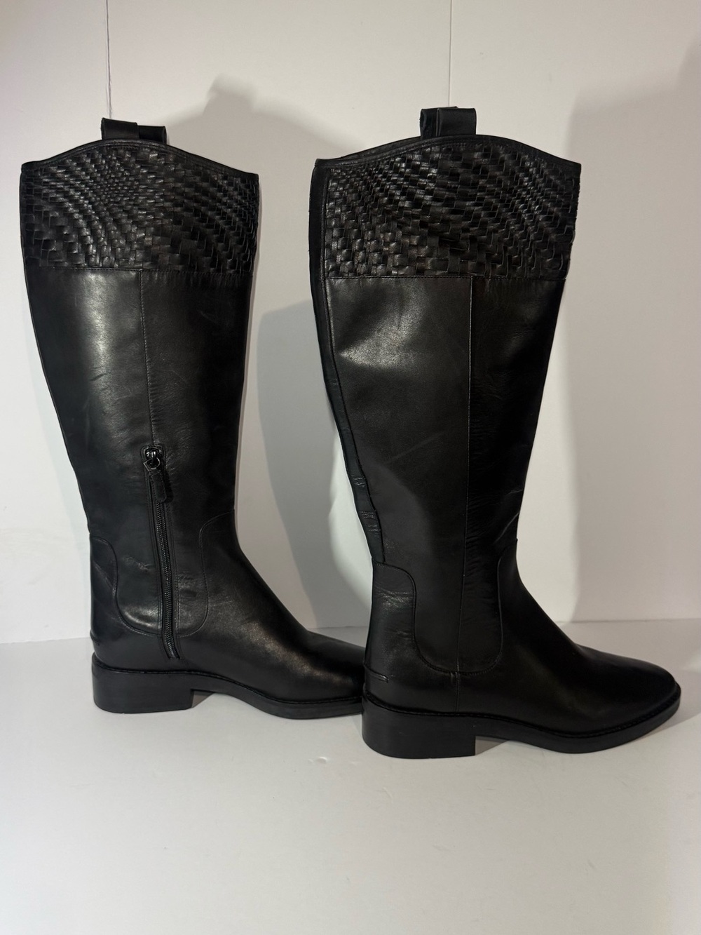 Cole Haan Woven-Accent Black Leather Tall Boots for Women size 8